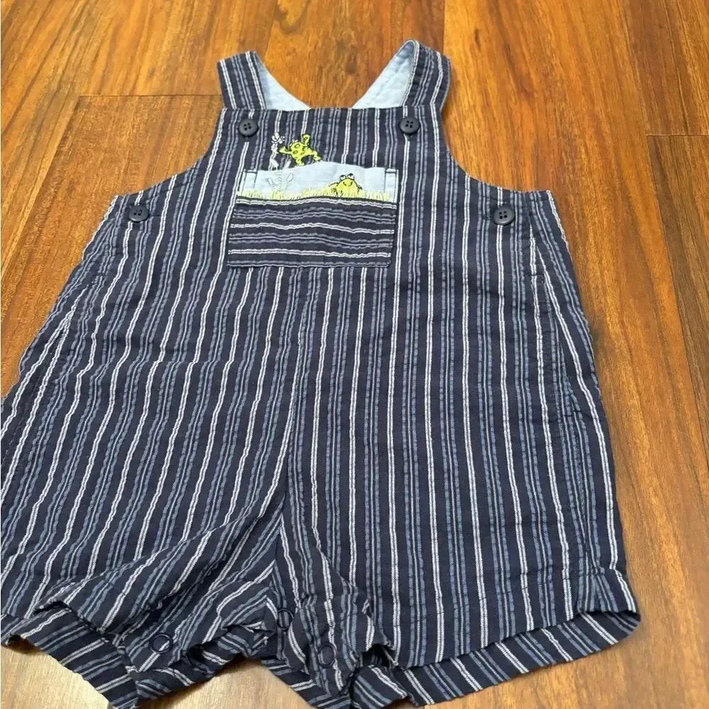 Carters vintage blue stripe embroidered frog seersucker overall shorts